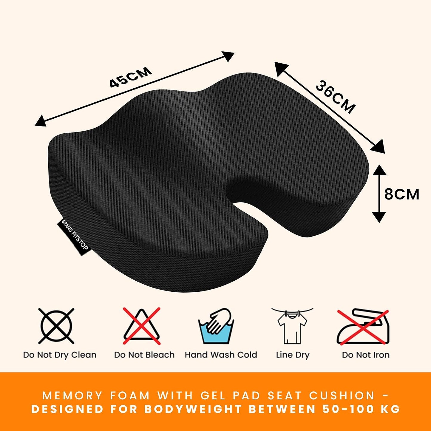 GRAND PITSTOP Memory Foam Seat Cushion for Office Chair Car & Home Orthopedic Tailbone & Sciatica Pain Relief Pad Ergonomic U-Shaped Design with Cooling Foam, Non Slip Base & Washable Cover