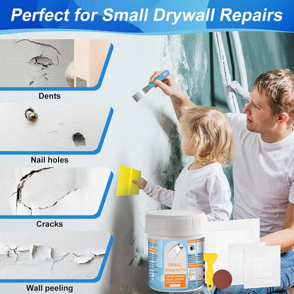 Drywall Repair Kit, Drywall Patch Repair Kit with 8.8OZ White Wall Repair Putty, Scraper Sandpapers Gloves for Heavy Duty Plaster Wall Repair, Easy to Fill Holes in Home Wall & Quick Repair Crack