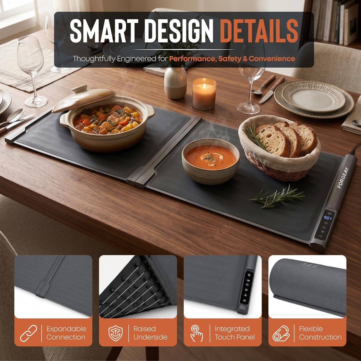 XXL Food Warming Mat Countertop 42"x16" – 2 Piece Extendable Electric Warming Tray for Buffets & Parties – Extra Large Roll Up Silicone Food Warmer Mat with 8 Temp Settings, Auto Shut Off Food Warmer
