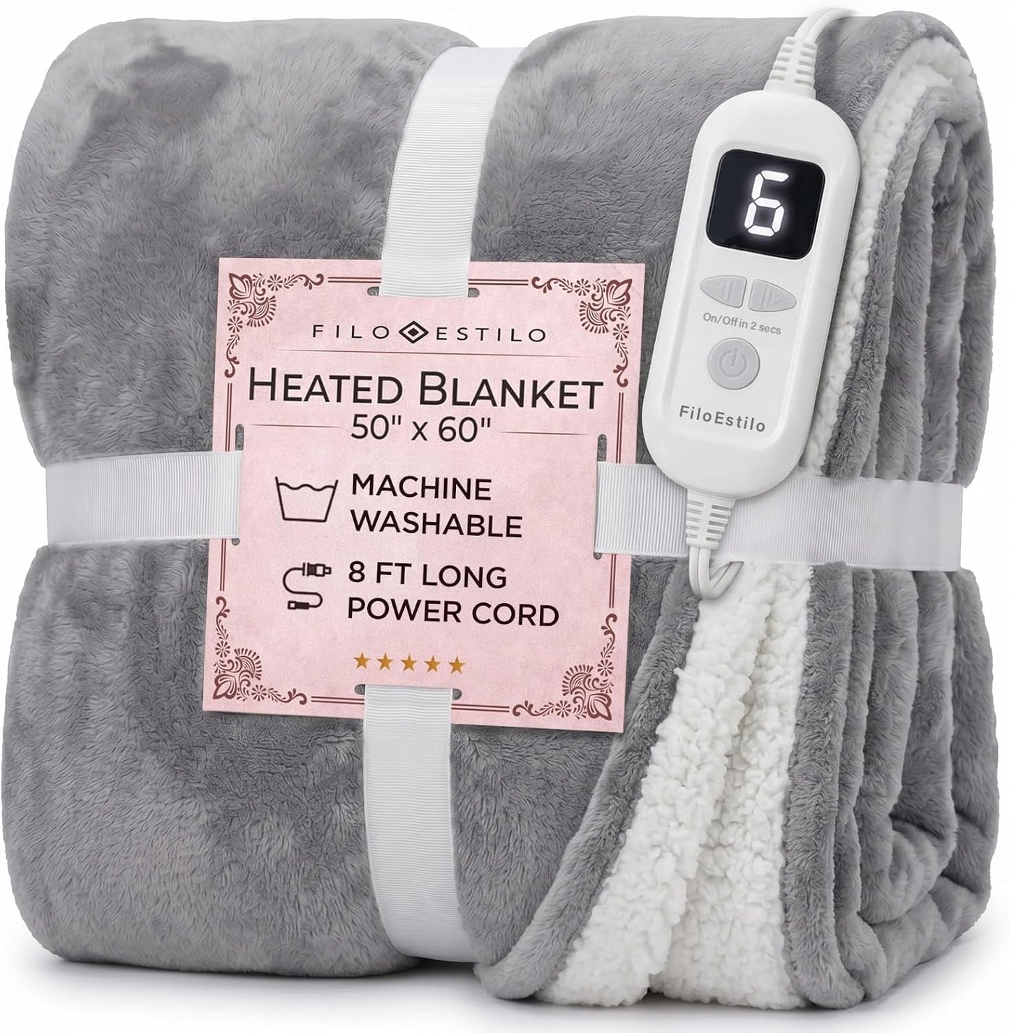 Machine Washable Heated Throw Blanket 50"x60", 8ft Cord, 6 Levels, Electric | Auto Shut Off | Sherpa Heated Throw Blanket for Couch, Sofa & Bed Rapid Heating - Natural, Grey