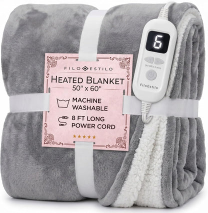 Machine Washable Heated Throw Blanket 50"x60", 8ft Cord, 6 Levels, Electric | Auto Shut Off | Sherpa Heated Throw Blanket for Couch, Sofa & Bed Rapid Heating - Natural, Grey
