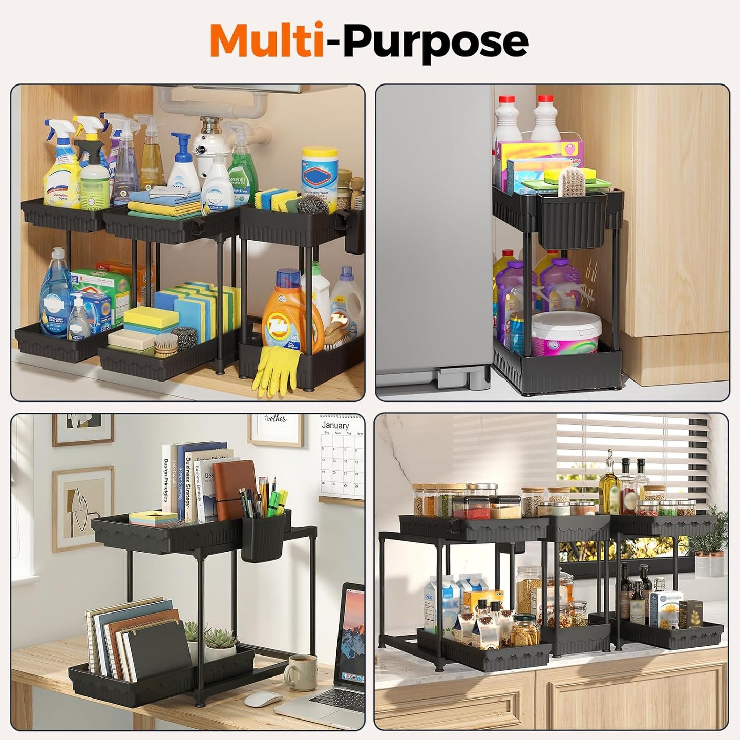 3-Pack 2-Tier Under Sink Organizers with Sliding Drawers | Multi-use kitchen & bathroom storage, 12.8 inch black cabinet organizer, space-saving sliding drawer design.