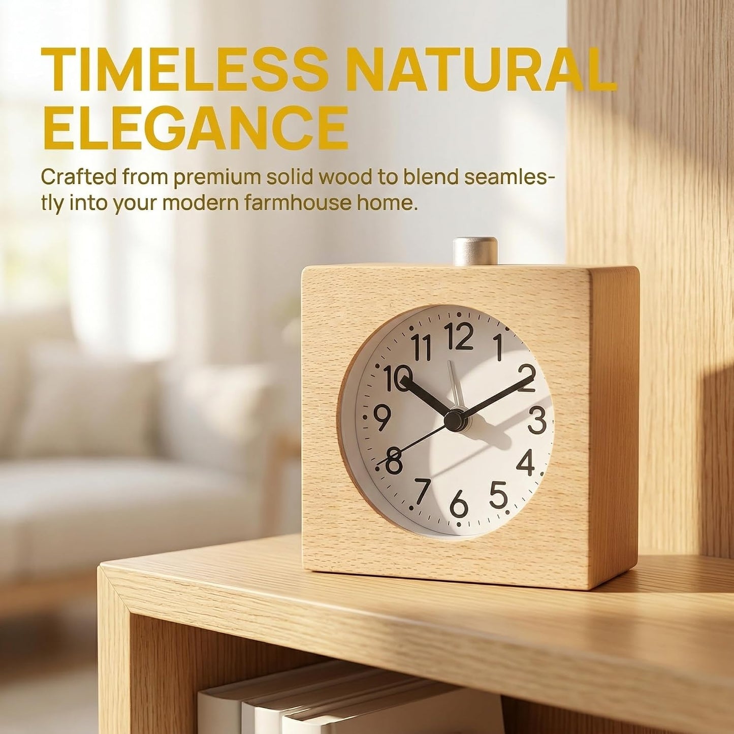 Wooden Analog Alarm Clock Silent Battery Operated with Night Light | Wood Body Non-Ticking for Tabletop Bedroom Bedside Heavy Sleepers Brown