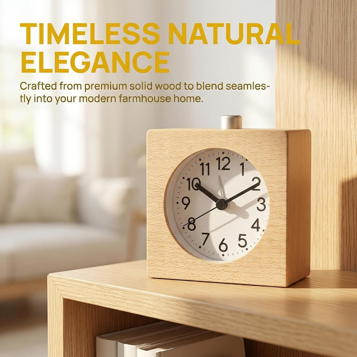Wooden Analog Alarm Clock Silent Battery Operated with Night Light