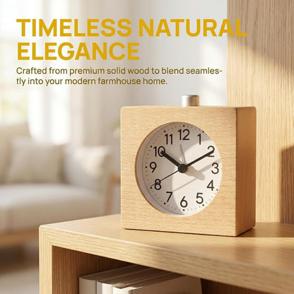 Wooden Analog Alarm Clock Silent Battery Operated with Night Light
