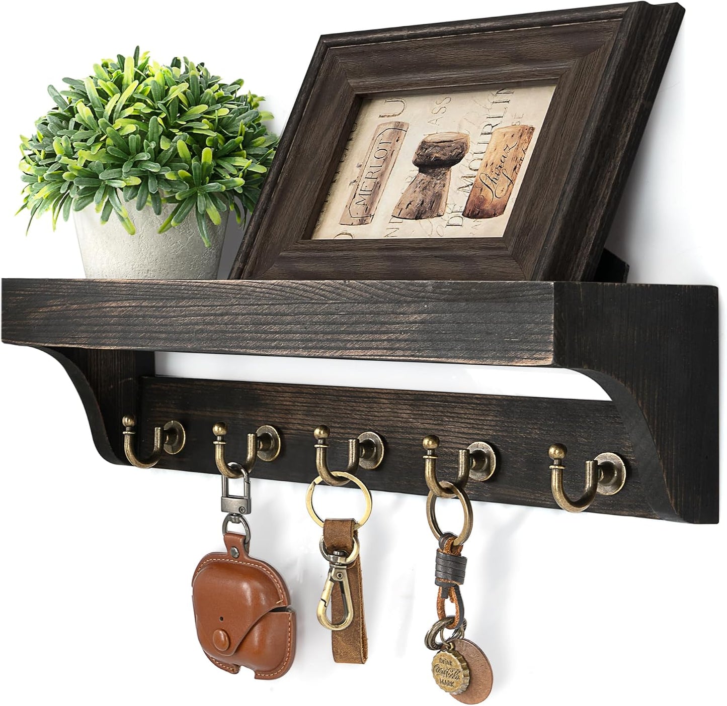 Rebee Vision Key Holder Wall Mount with 5 Hooks for Entryway, Retro Brown | Display Shelf for Plant & Letters, Key Shelf for Hats, Dog Leashes, Mail Organizer, Decorative Entryway & Living Room
