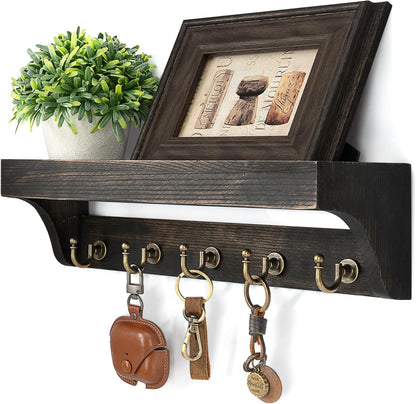 Rebee Vision Key Holder Wall Mount with 5 Hooks for Entryway, Retro Brown | Display Shelf for Plant & Letters, Key Shelf for Hats, Dog Leashes, Mail Organizer, Decorative Entryway & Living Room