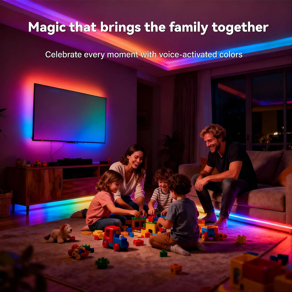 AI Voice Activated Under Bed Lights Strip,Indoor Kids Bedroom Night Lights RGBW, No App/Wifi Required, Dimmable Color Changing Strong Adhesive, Music Sync USB Powered 16.4ft for Kitchen Cabinet