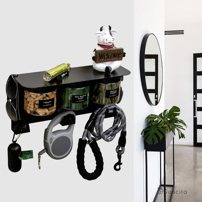 Dog Leash Holder for Wall with Shelf — Wall Mounted Dog Treat Holder & Station, 2 Airtight 32oz Treat Containers, 9 Hooks, Patented Lidless Slide-to-Seal Jars, Solid Steel, Made in USA