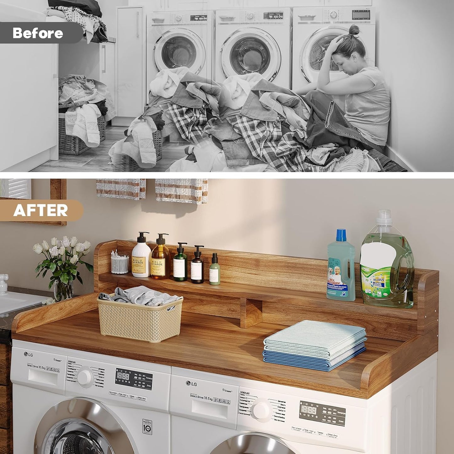 2-Tier Washer Dryer Countertop with 2.75" H Edge Rails, 54" W x 27.55" D Laundry Countertop for Folding Clothes, Washer and Dryer Topper with Non-Slip Pad (Dark Walnut)