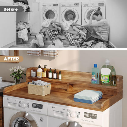 2-Tier Washer Dryer Countertop with 2.75" H Edge Rails, 54" W x 27.55" D Laundry Countertop for Folding Clothes, Washer and Dryer Topper with Non-Slip Pad (Dark Walnut)