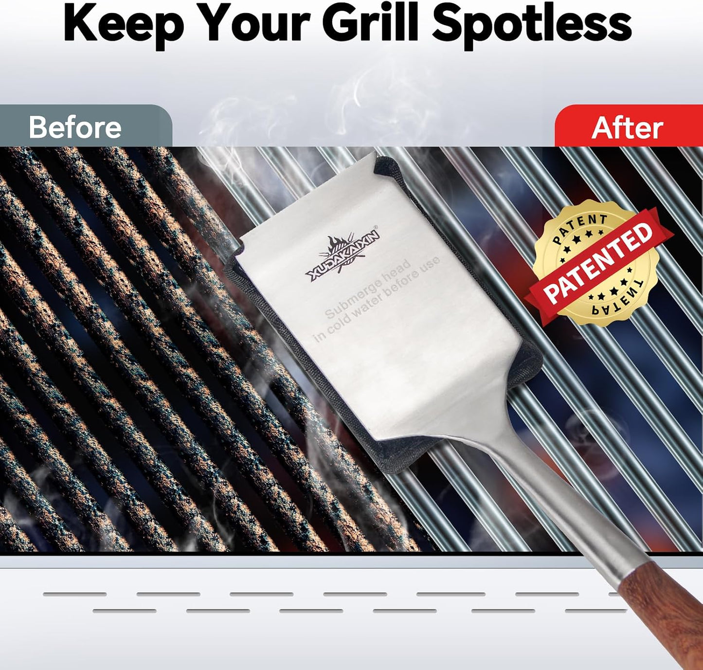 Bristle-Free Steam Cleaning Grill Brush Kit – Luxurious Long Rosewood Handle, Includes 1 Replacement Head – Safe BBQ Grill Cleaning for Outdoor Grill – Great Gift for Men/Dad