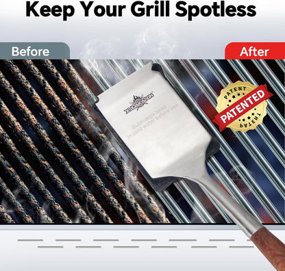 Bristle-Free Steam Cleaning Grill Brush Kit – Luxurious Long Rosewood Handle, Includes 1 Replacement Head – Safe BBQ Grill Cleaning for Outdoor Grill – Great Gift for Men/Dad