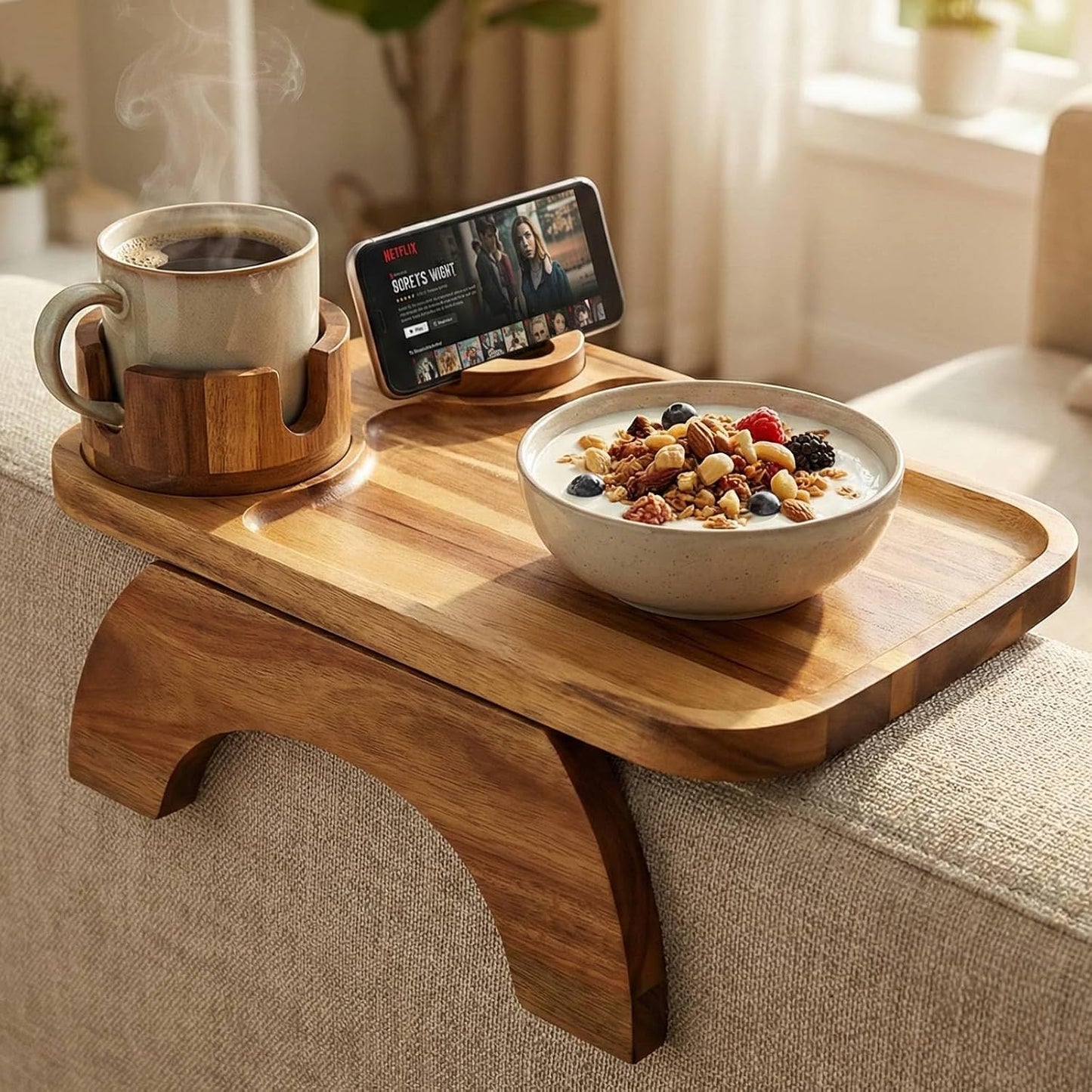 Couch Armrest Table, Acacia Wood Sofa Arm Tray with 360° Rotating Phone & Cup Holder, Clip-On Arm Rest Table for Couch, Anti-Slip Armrest Tray for Snacks & Drinks, 15.4" x 9.8"