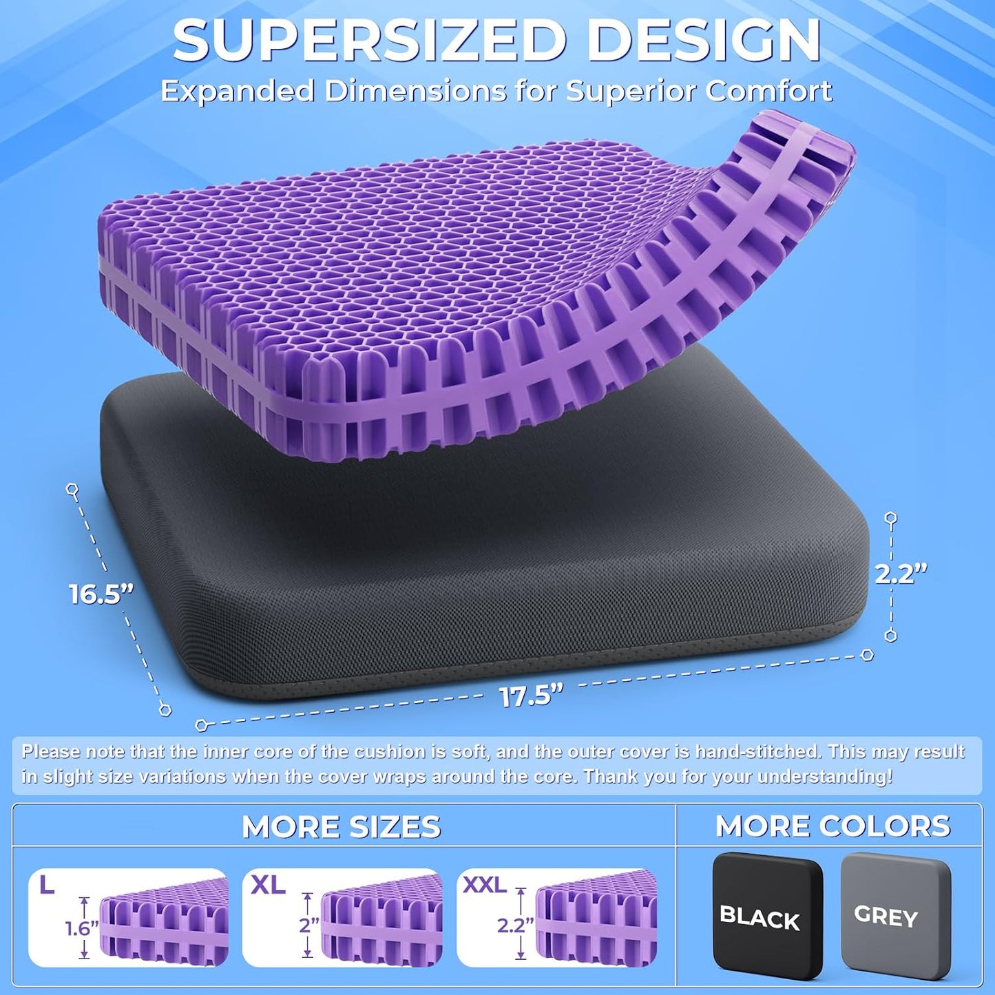 TushGuard Gel Seat Cushion for Long Sitting, Breathable Thick Patent Design | Enlarged Cooling Chair Pad for Office, Wheelchair, Soft Car Cushion for Back, Hip, Sciatica (Standard, Black+Violet)