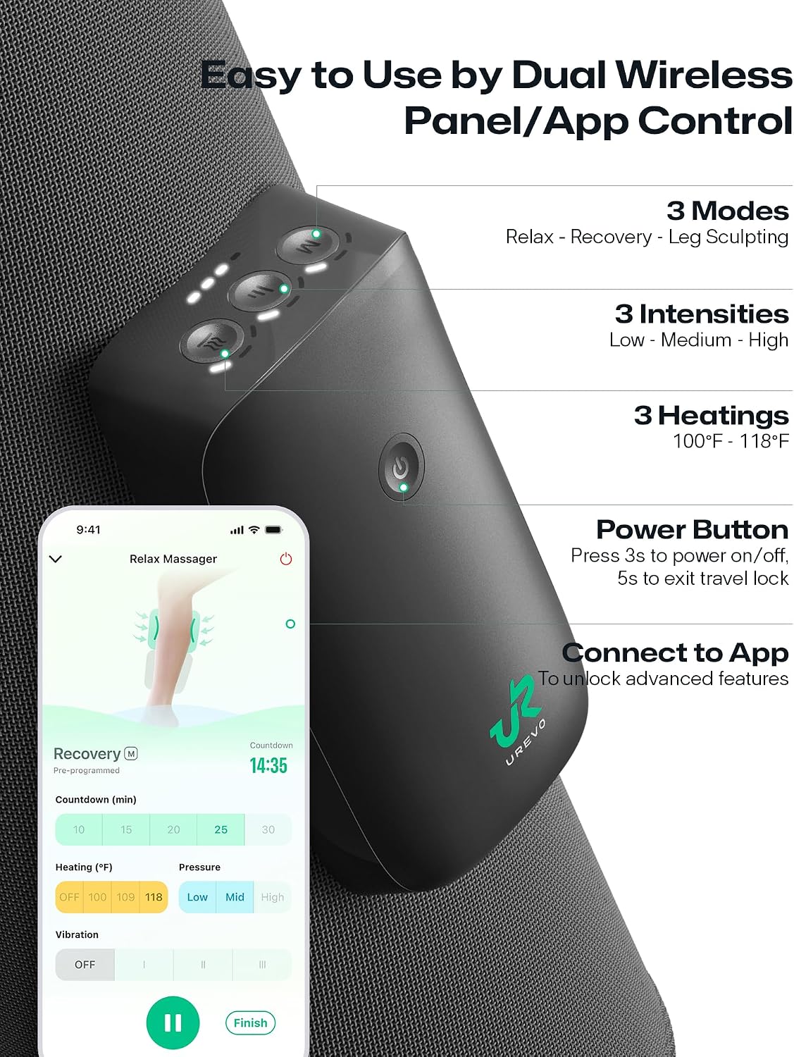 UREVO Smart Calf Massager with AI Massage Adaptation, Air Compression – Cordless Leg Massager for Circulation, Relaxation & Leg Sculpting – 3 Modes & 3 Intensities, Adjustable Heat, Long Battery