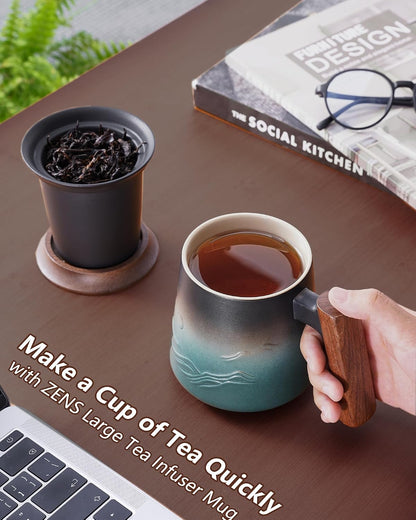 ZENS Tea Mug with Infuser and Lid for Loose Leaf Tea Steeper, 16.9oz Moss | Embossed Ceramic Tea Cup with Infuser for Herbal Tea Difussers, Tea Lovers Gifts, Nature Wood Handle