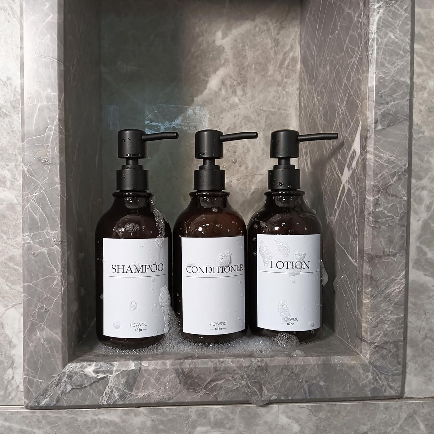 3 Pack Wall Mount Shower Dispenser, No Drill, 16 Waterproof Labels | Shampoo Dispenser for Shower Wall, Shampoo and Conditioner Dispenser, Bathroom, 17oz, Gold Amber