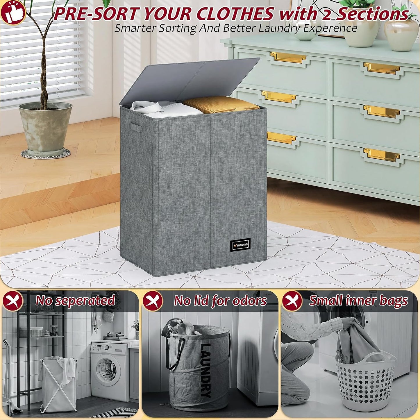195L Laundry Hamper 3 Section,Large Laundry Hamper with Lid,Dirty Clothes Hamper with 3 Inner Bags,Collapsible Laundry Basket Organizer for Laundry Room,Bedroom,Laundry Sorter Hamper 3 Compartment
