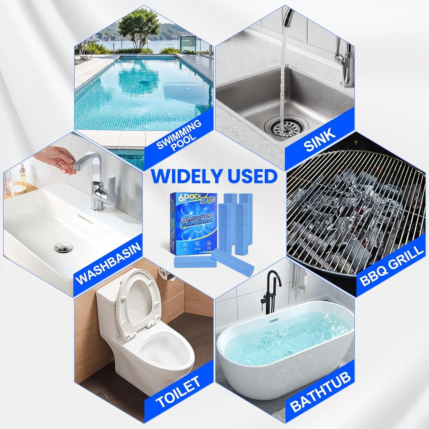 Riuja 6 Pack Pumice Stone Toilet Bowl Cleaner, Pumice Stone for Cleaning | Scouring Stick Removes Hard Water Ring & Rust Stain, Easy to Shape Powerfully Cleans Toilets, Ceramic, Grill, Tub, Pool, Sink