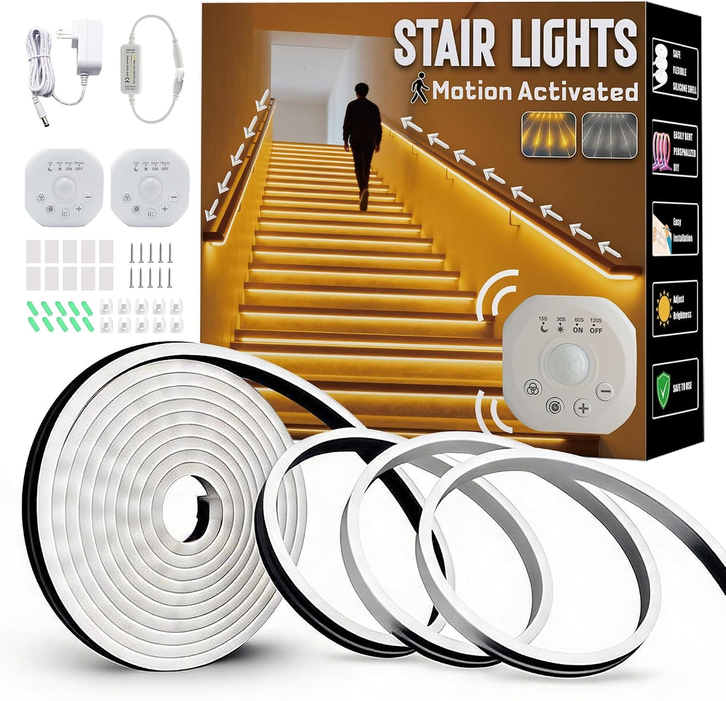 Motion Sensor LED Strip Lights - Chasing Effect Auto ON/Off for Stairs, Bedroom, Under Cabinet - 16.4ft White, Intelligent Motion Sensor Stair Lights
