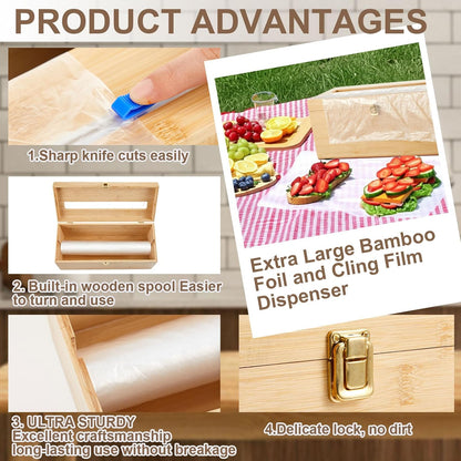 Colingmill 1 Pack 12" x 3000ft Large Plastic Wrap Dispenser with Cutter Roller Commercial Bamboo Holder for 3000ft Film 1000ft Aluminum Foil Non Slip Pad Fit Big Saran Wrap Restaurant Kitchen