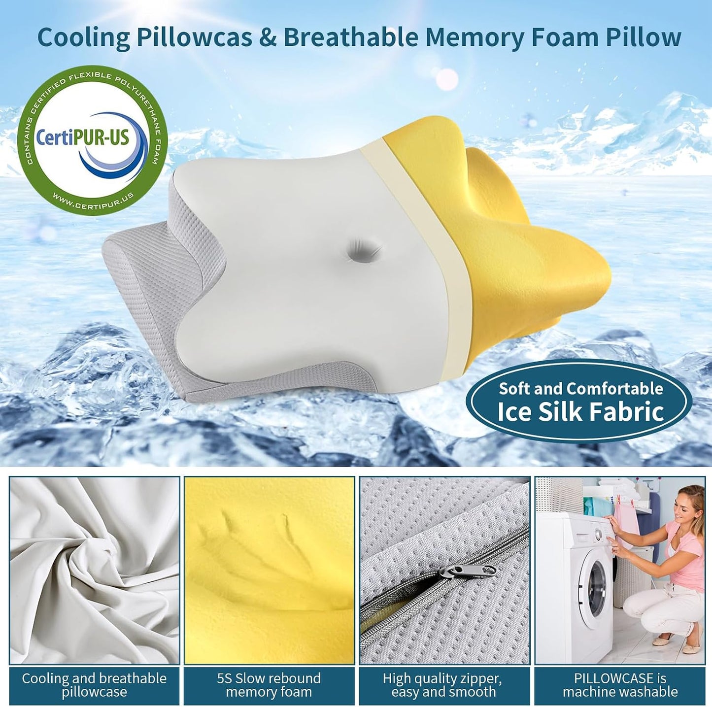 Cervical Neck Pillow for Pain Relief, Contour Memory Foam Pillows for Sleeping, Ergonomic Pillow Orthopedic Cooling Pillow Bed Pillow Neck Support for Side Back Stomach Sleepers（Grey&White