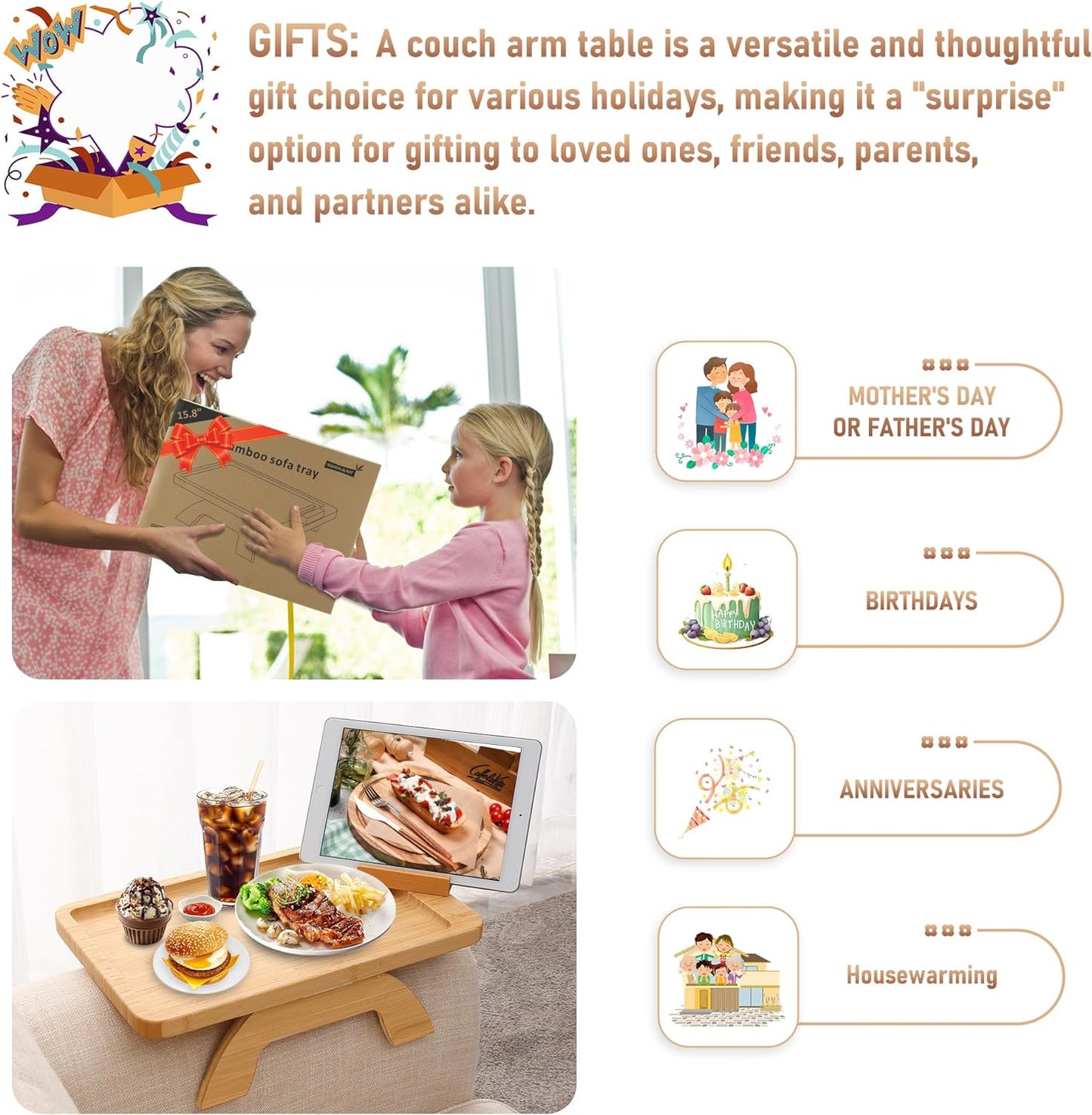 Couch Arm Tray,Bamboo Sofa Clip on Side Table,Foldable Couch Armrest Table with 360°Rotating Phone Holder,Anti Slip Food Trays for Eating/Drinks/Snacks/Remotes 15.35" x 9.85"
