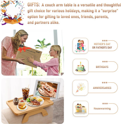 Couch Arm Tray,Bamboo Sofa Clip on Side Table,Foldable Couch Armrest Table with 360°Rotating Phone Holder,Anti Slip Food Trays for Eating/Drinks/Snacks/Remotes 15.35" x 9.85"