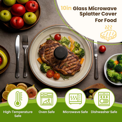 10in Glass Microwave Cover For Food, Glass Microwave Splatter Cover | Heat Resistant Tempered Glass Splatter Guard, Vented Universal Microwave Plate Cover, Dishwasher Safe