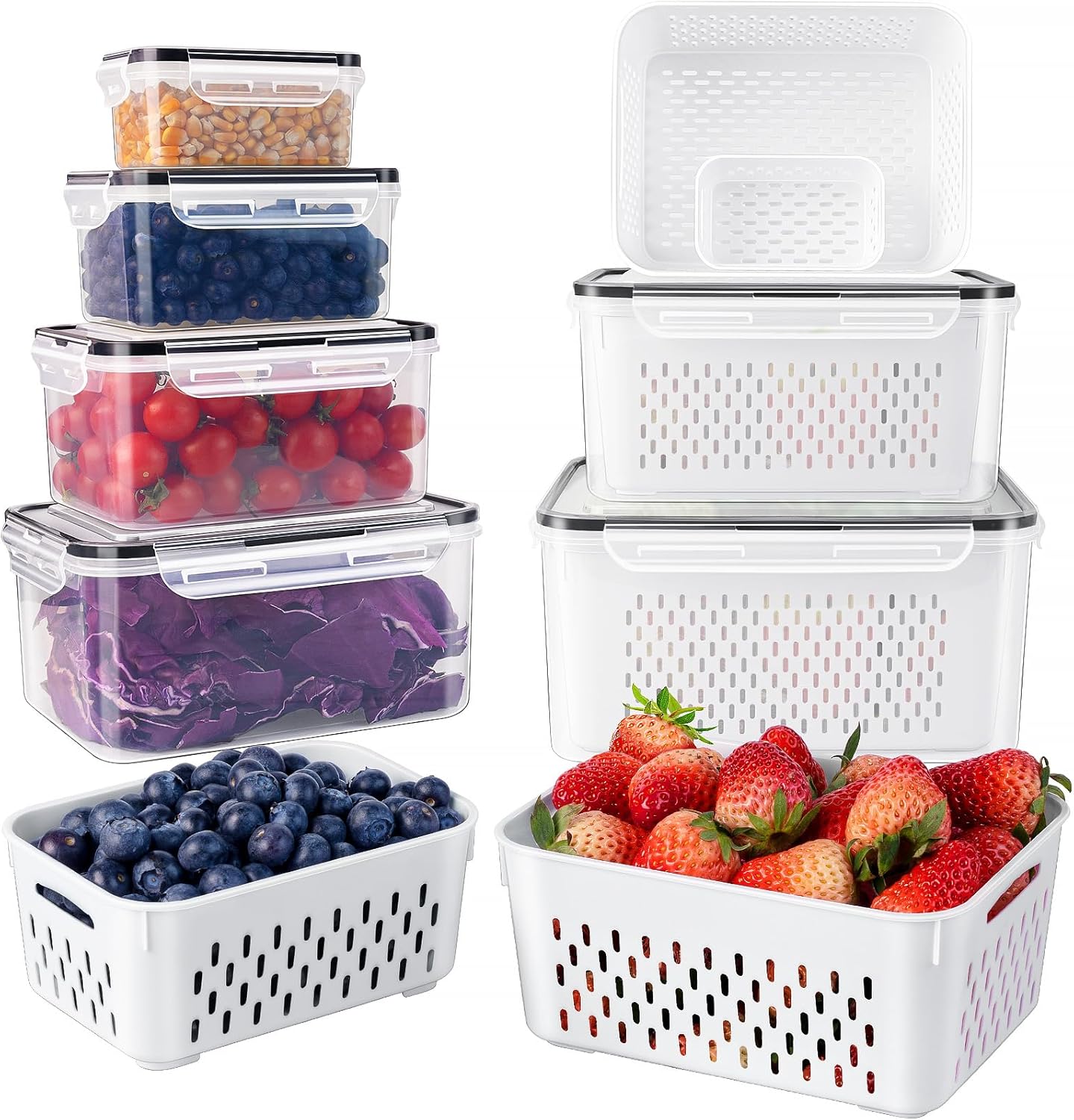 Fruit Storage Containers for Fridge with Removable Colander 10 | Airtight Food Storage Container Dishwasher Safe Produce Saver for Refrigerator Keep Berry Fruit Fresh Longer Large Clear