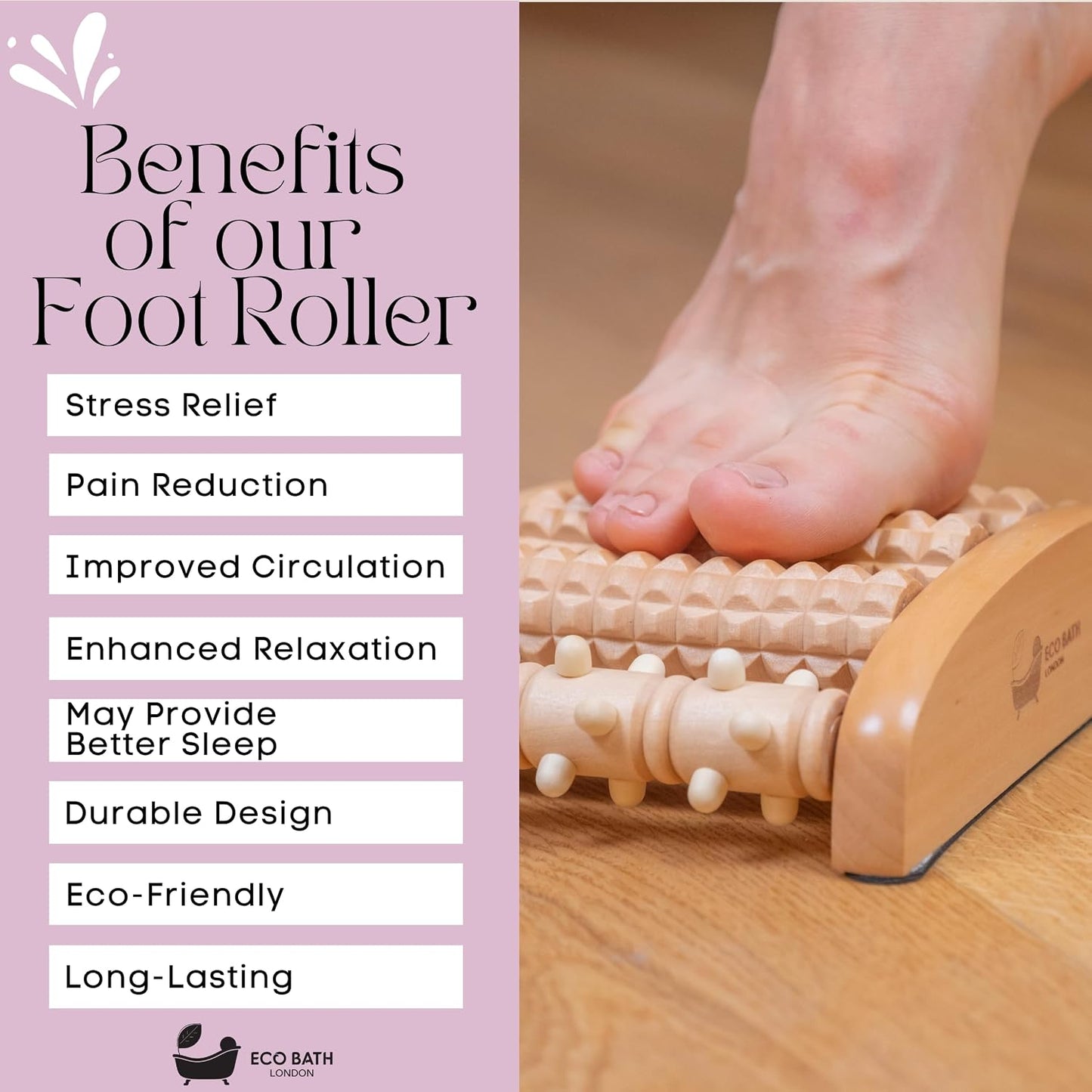 Eco Bath London Reflexology Foot Roller - Wooden Foot Massager for Plantar Fasciitis and Foot Pain Relief, Massage Roller for Improved Circulation