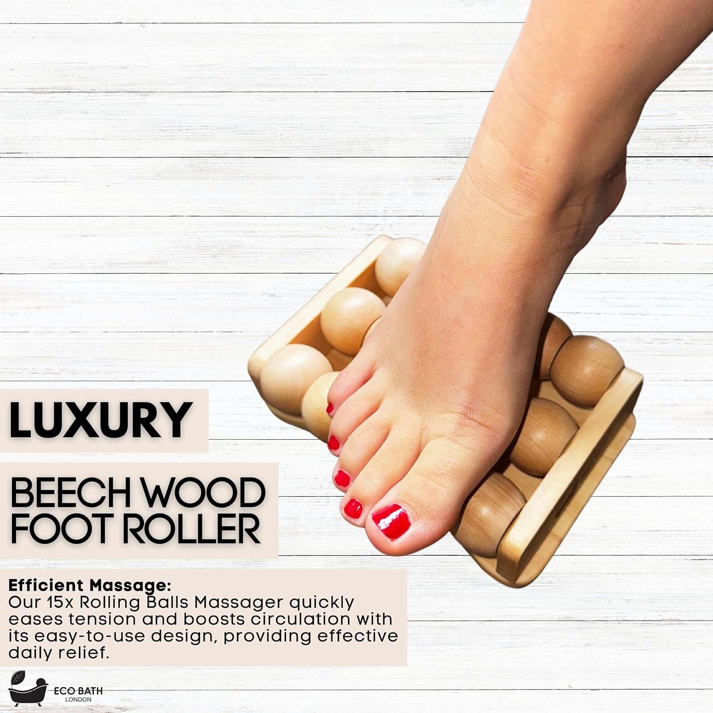 Eco Bath London Reflexology Foot Roller - Wooden Foot Massager for Plantar Fasciitis and Foot Pain Relief, Massage Roller for Improved Circulation