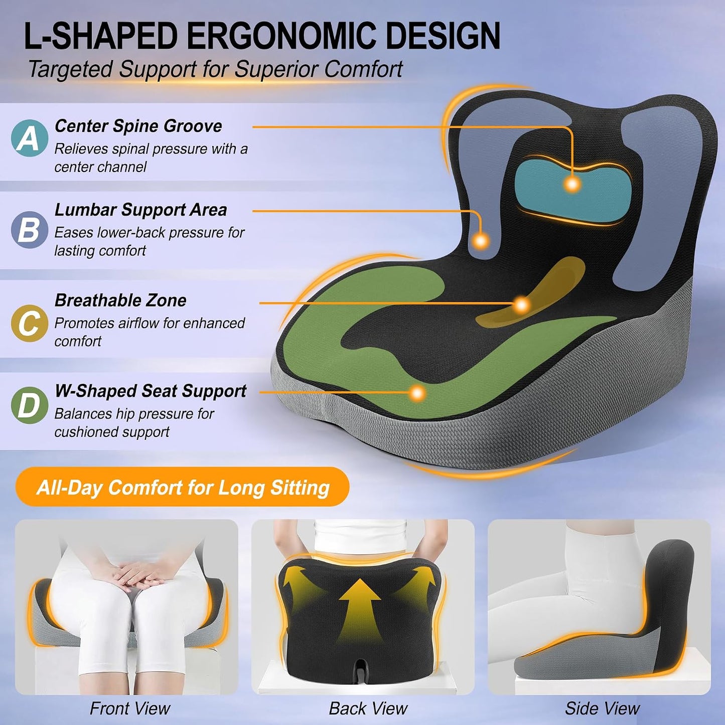 Allaboutsla Car Seat Cushion with Lumbar Support Pillow, Car Back Support | L-Shaped Ergonomic Memory Foam Seat Cushion, Car Seat Cushions for Driving, Driver Cushion and Back Support for Car, B&G