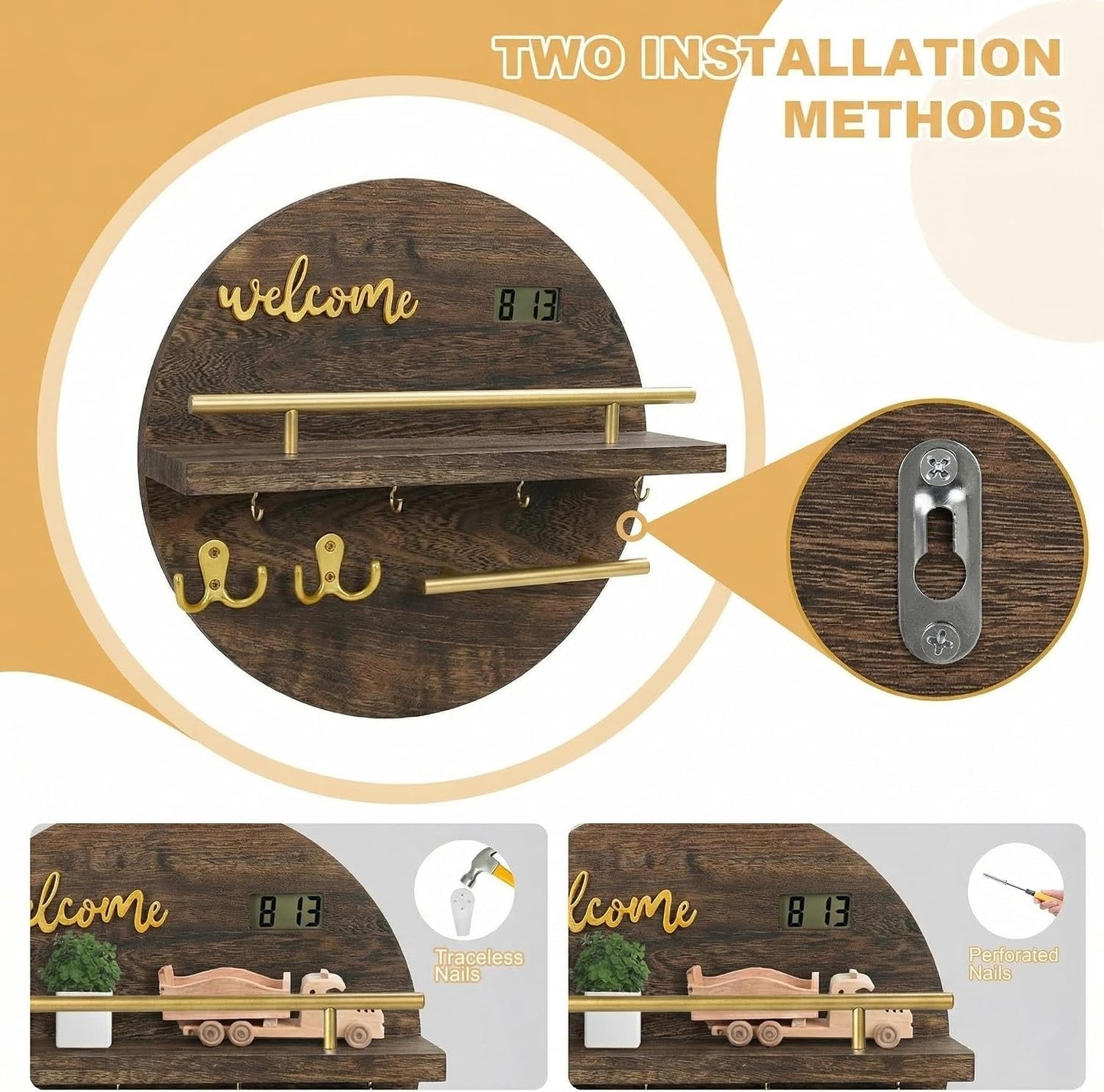 Key Holder for Wall, Key and Mail Holder Organizer with - Key Holder Wall Mount - Round Wooden Rustic Home Decor for Entryway, Mudroom, Hallway, Kitchen Office (Black)