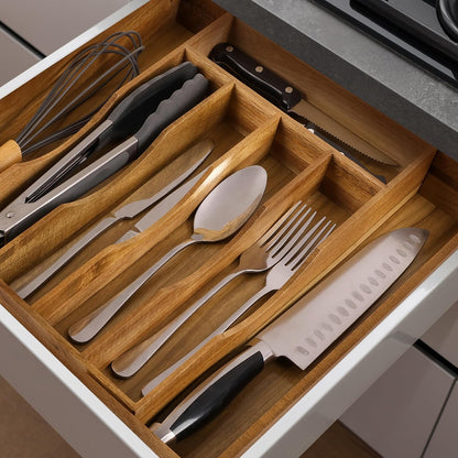 Expandable Bamboo Kitchen Drawer Organizer for Cutlery and Utensils, Adjustable Bamboo Wood Cutlery Tray in Drawer for Flatware and Silverware in Kitchen, (Natural)