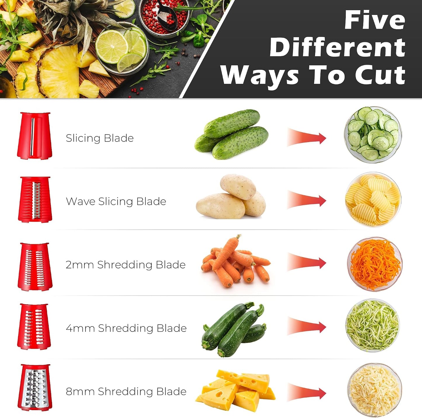 Rotary Cheese Grater Manual Hand Crank with 5 Blades & Suction Base, Kitchen Vegetable Shredder Slicer for Veggie, Nuts, Fruit, Cream