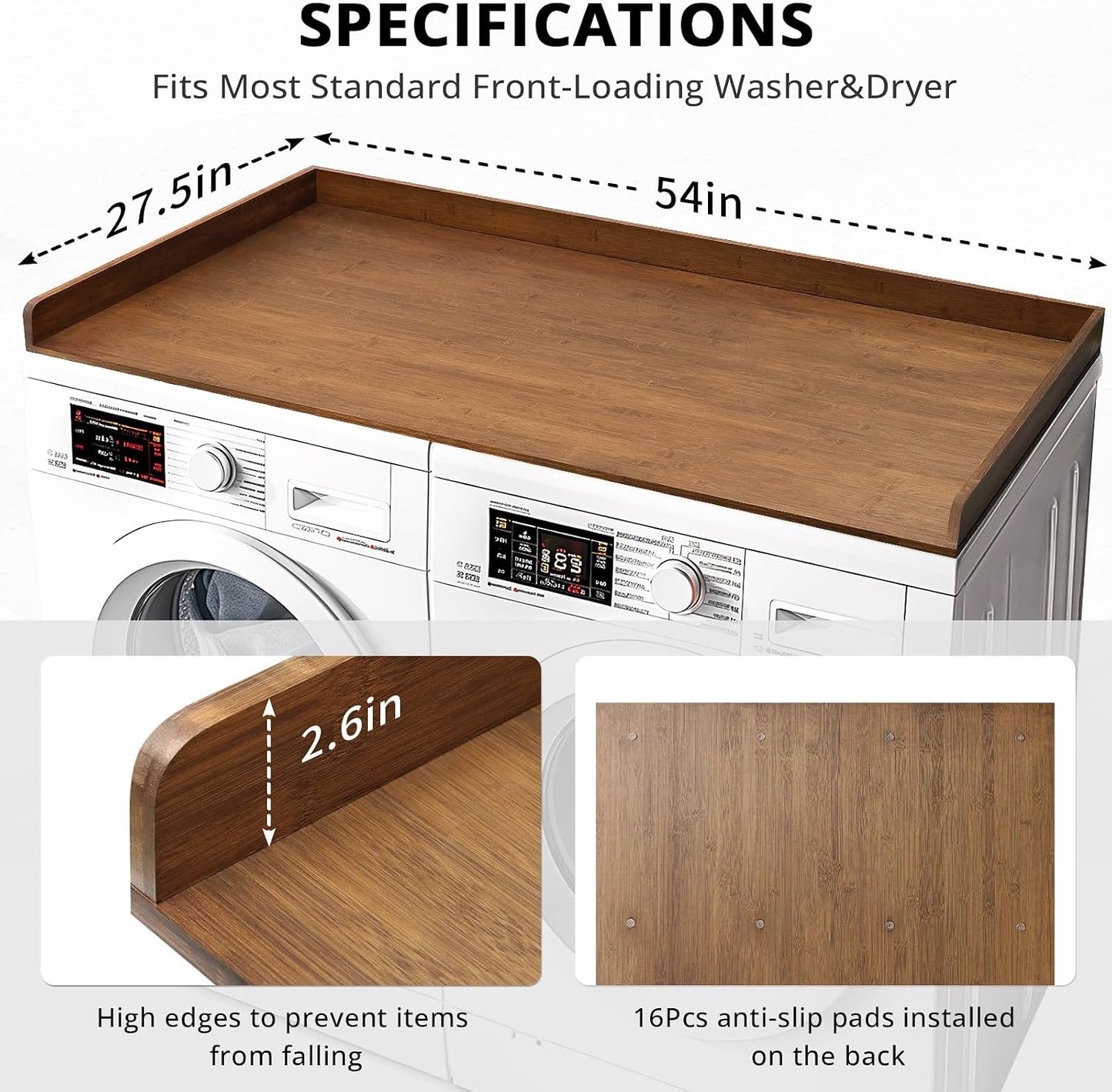 Gashell Washer Dryer Countertop, 27.5" x 54" Bamboo Washer and Dryer Countertop for Laundry Room Organization(Retro Brown)