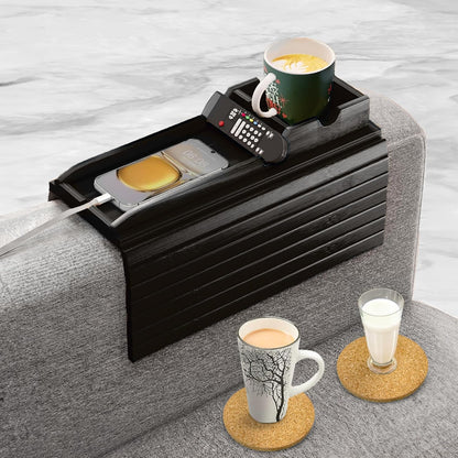 Bamboo Couch Cup Holder, 2 Cork Coasters, Anti-Slip Foldable Couch Arm Tray | 2 in 1 Foldable Sofa Arm Tray, Couch Armrest Table, Anti-Spill Couch Arm Table for Drinks TV Remote Cellphone Snacks