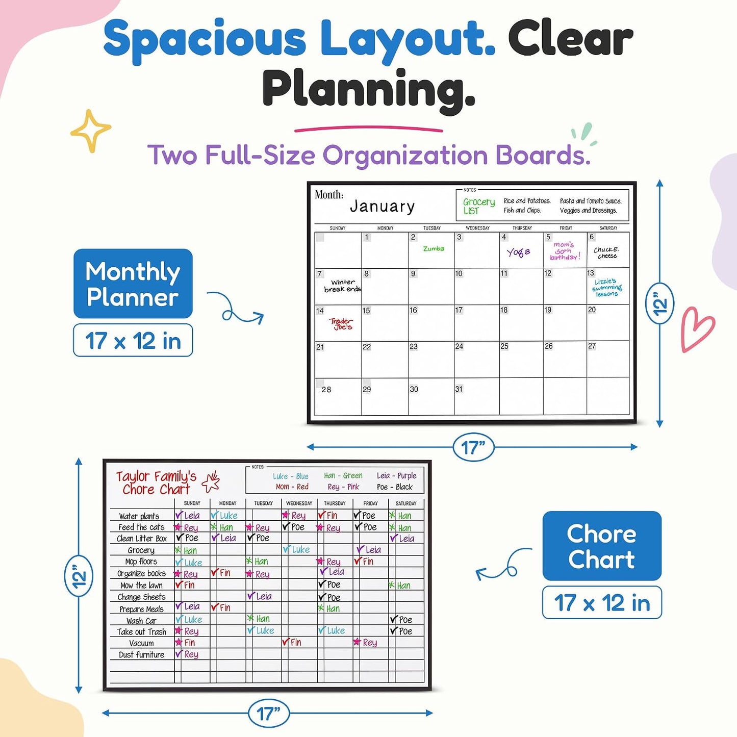 3 Pack Magnetic Dry Erase Calendar for Fridge, 17" x 12" Fridge Planner | Stain-Resistant Magnetic Calendar for Refrigerator with 6 Magnetic Markers & 1 Eraser - Monthly, Weekly & Daily Planner Set