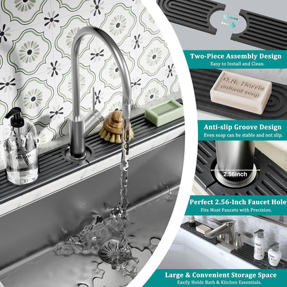 Stone Faucet Mat for Kitchen Sink - Quick Dry Diatomite Sink Splash Guard, Prevents Moisture Buildup & Water Stains, Water Absorbing Stone Tray for Bathroom Countertop (Dark Gray, 23.6" x 4")