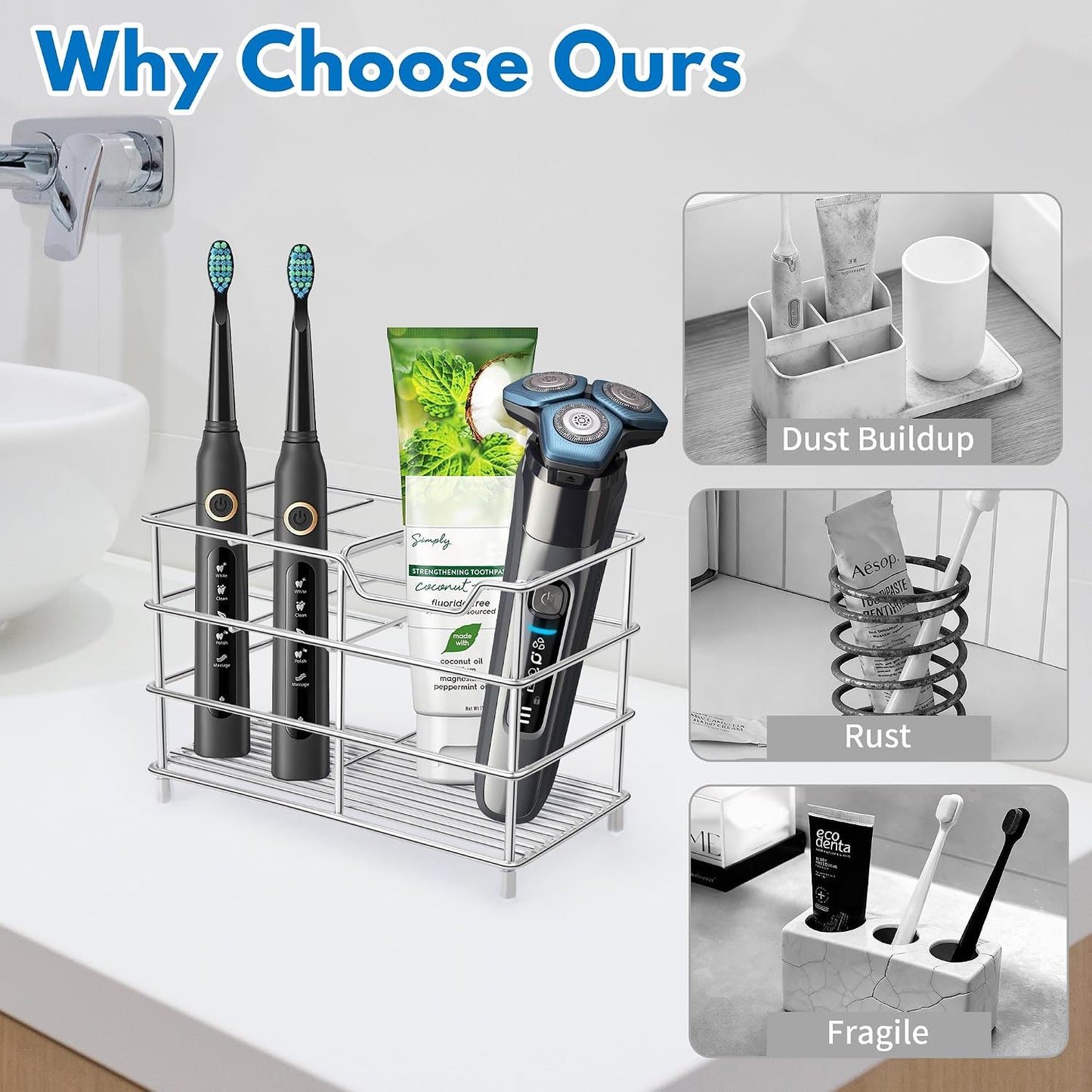 Electric Toothbrush Holders for Bathrooms 304 Stainless Steel Quick Drying | Upgrade Heavy Duty Sturdy Durable Toothpaste Holder Bathroom Organizer Storage Decor Accessories Tooth Brush Holder Caddy