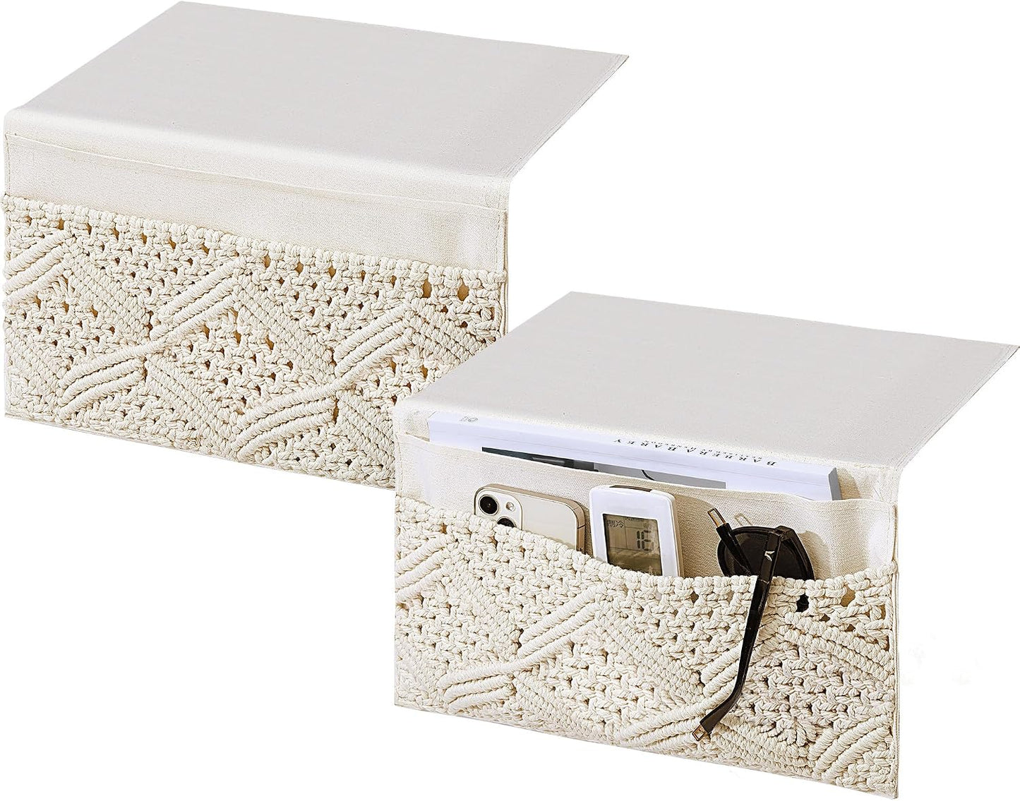 JaGely 2 Pcs 17.3 x 13 Inch Macrame Bedside Caddy Storage Organizer Hanging Boho Remote Control Holder Bedside Storage Basket for Home Couch Tablet Magazine Holder for TV Remote Control Living Room