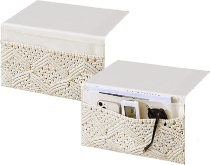 JaGely 2 Pcs 17.3 x 13 Inch Macrame Bedside Caddy Storage Organizer Hanging Boho Remote Control Holder Bedside Storage Basket for Home Couch Tablet Magazine Holder for TV Remote Control Living Room