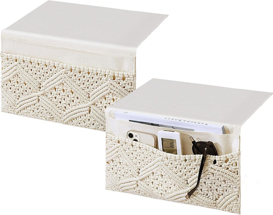 JaGely 2 Pcs 17.3 x 13 Inch Macrame Bedside Caddy Storage Organizer Hanging Boho Remote Control Holder Bedside Storage Basket for Home Couch Tablet Magazine Holder for TV Remote Control Living Room