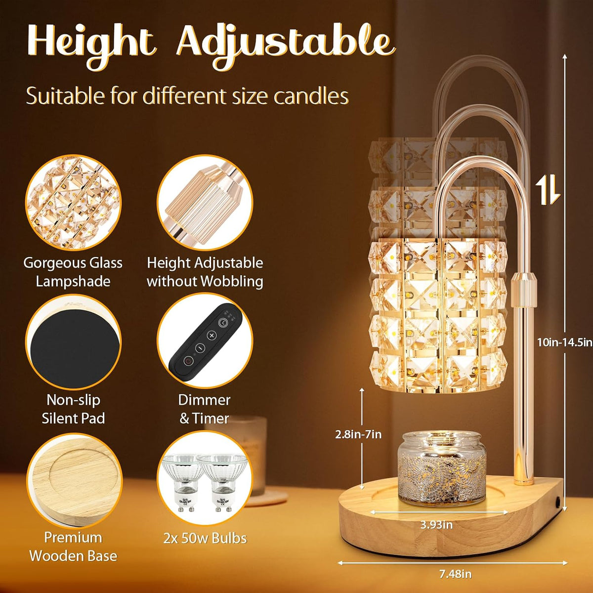 Candle Warmer Lamp with Timer, Electric Candle Warmer for Jar Candles, House Warming Gifts, Modern Home Decor Dimmable Wax Melting Lamp with Large Head, Black, Glass