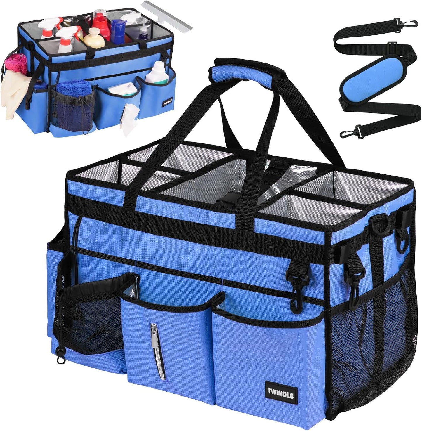 Extra Large Cleaning Caddy Bag with Built-In Support Board, Cleaning Tote Organizer with Removable Divider, Supply Carryall with Adjustable Shoulder Strap and Waist Belt for Cleaners & Housekeeper