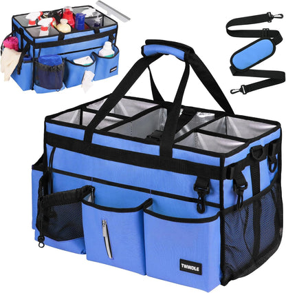 Extra Large Cleaning Caddy Bag with Built-In Support Board, Cleaning Tote Organizer with Removable Divider, Supply Carryall with Adjustable Shoulder Strap and Waist Belt for Cleaners & Housekeeper