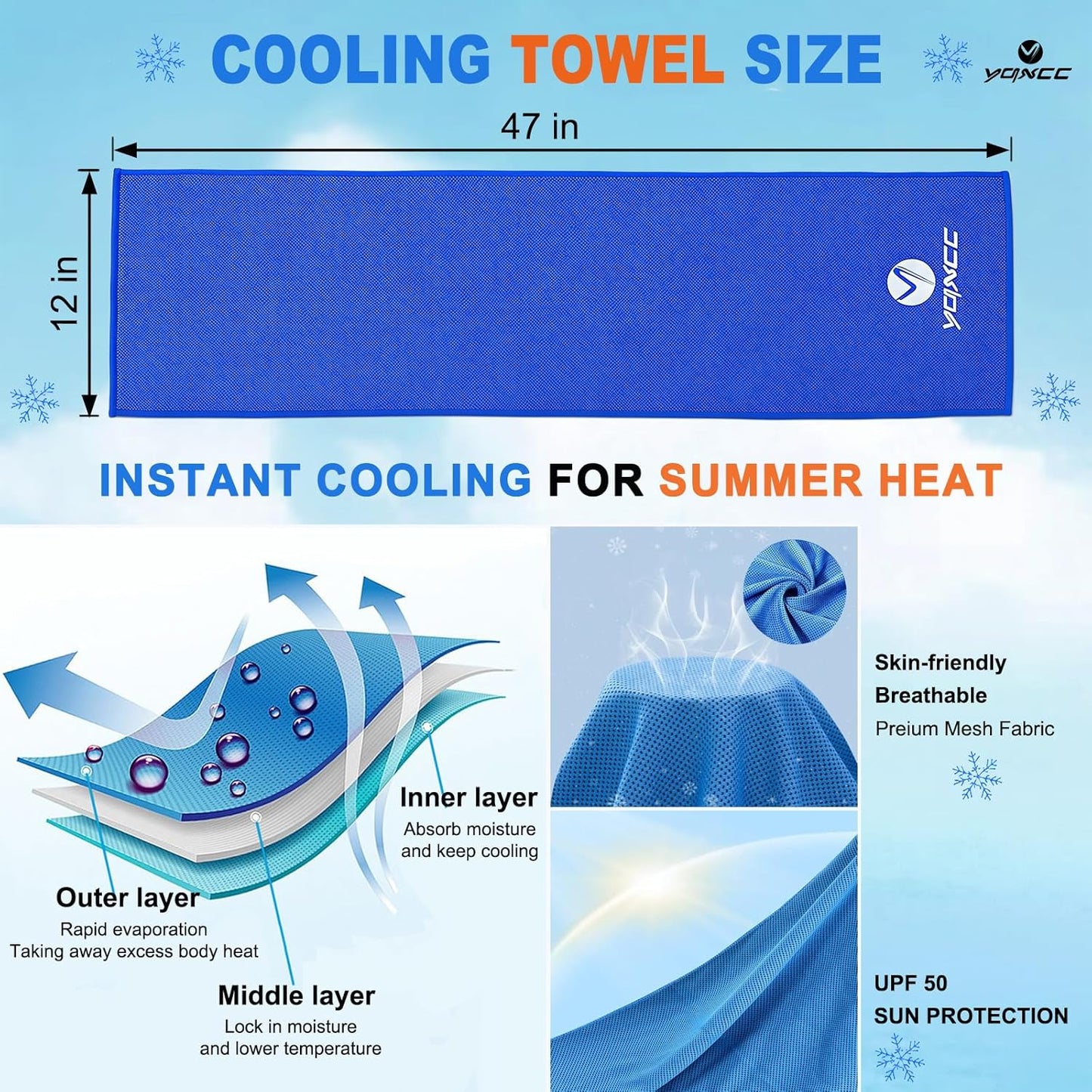 YQXCC 4 Pack Cooling Towels (47"x12"), Ice Cool Towels for Neck & Face | Soft Breathable Microfiber, Instant Cooling Neck Wraps, Ideal for Yoga, Golf, Gym, Running, Camping & Hot Weather