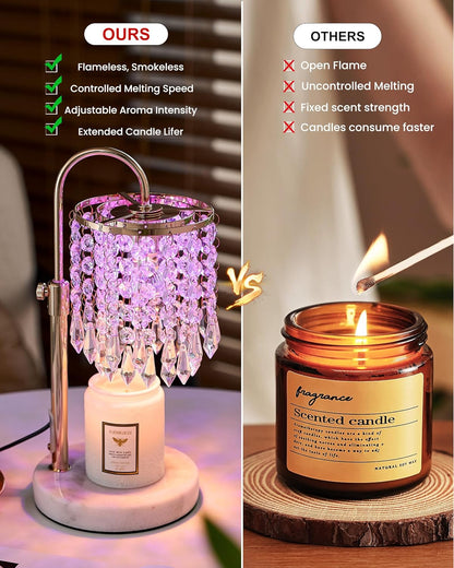 Candle Warmer Lamp with Timer Dimmer and 3 Bulbs, Candle Lamp Warmer with Marble Base for Adjustable Height, Crystal Candle Lamp for Jar Candles, House Warming Gifts Home Room Decor, Silver